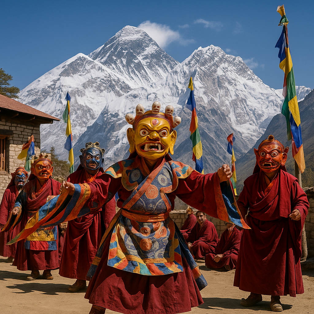 Sherpa monks dancing during Mani Rimdu festival near Everest